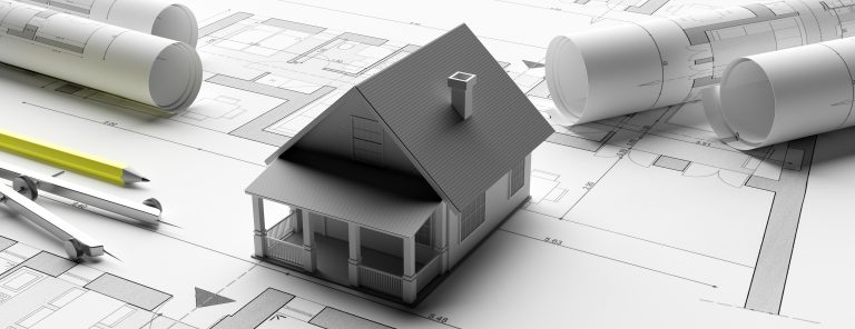 Construction, real estate contractor concept. Residential house building drawings and architectural model, engineer office desk, 3d illustration