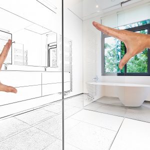 Mixed sketch of a Bathtub in corian, Faucet and shower in tiled bathroom with windows towards garden